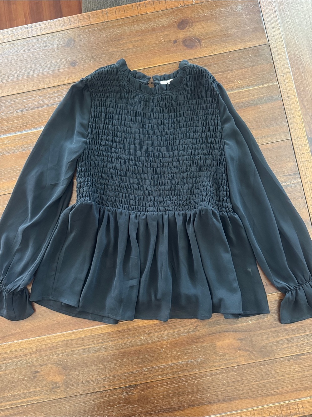 miami Black Smocked Peplum Long-Sleeve Blouse